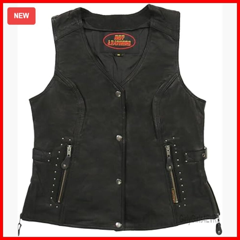 Ladies Leather Vest with Fringe, Snap Closure, Storage Pockets, XL